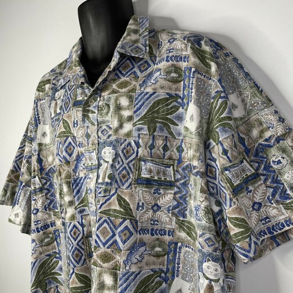 Vintage 80s Diamond Head Hawaiian Shirt Size 2XL Lucky Cat Frog Tapa Reverse - Picture 6 of 8